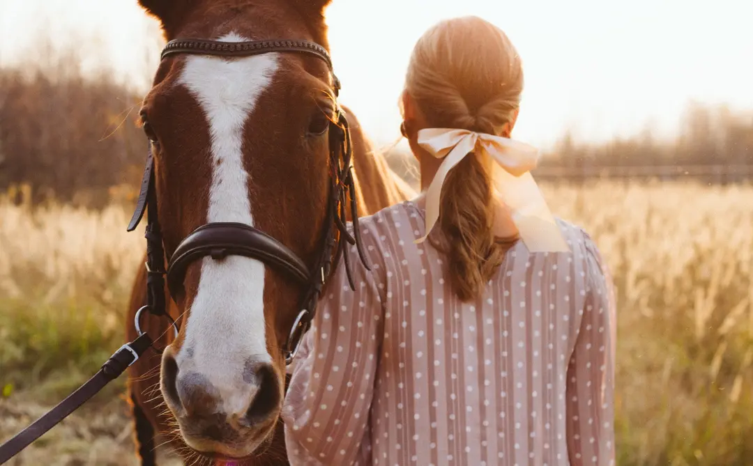 Chestnut horse facing the camera beside a woman seen from behind, a ribbon in her braid