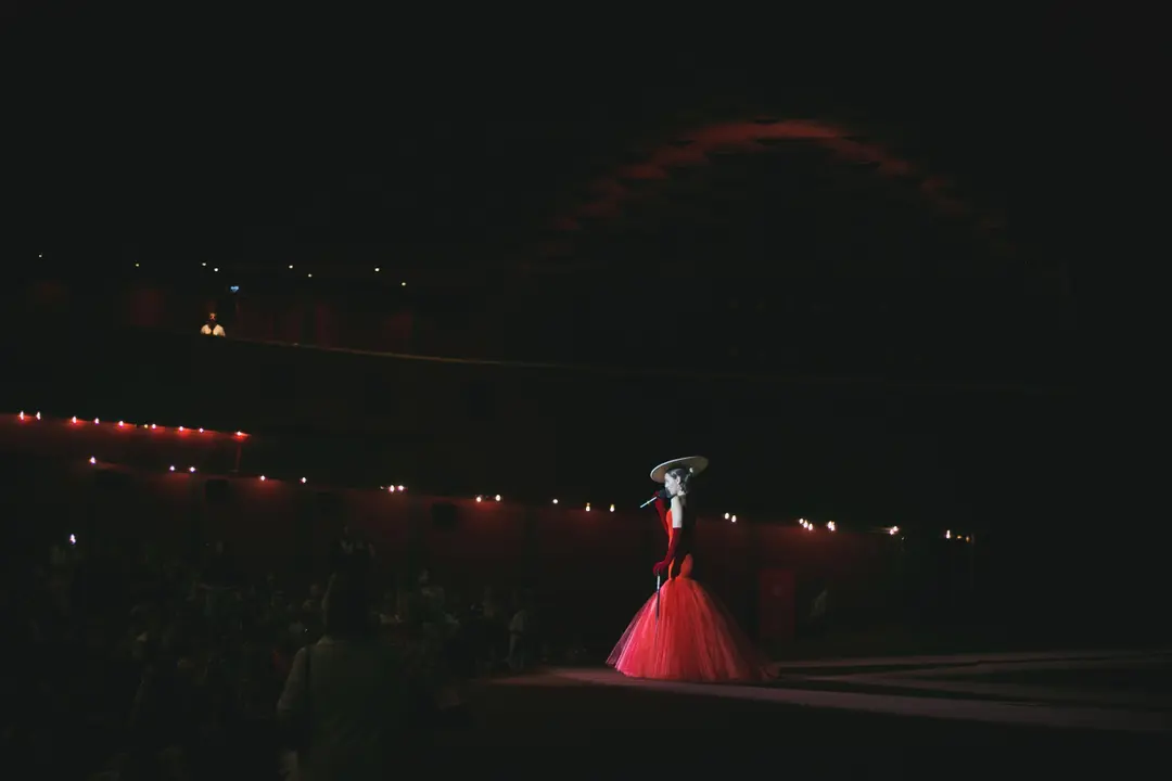 Dark theatre with a singer in a red gown standing in a pool of stage light